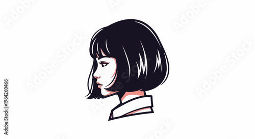 Stylized profile portrait of a young woman with a dark bob haircut