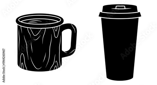 Black coffee cup vector set, rustic wood grain texture mug and disposable takeaway cup silhouettes, 2 beverage containers for cafe branding