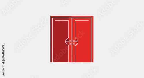 Red double doors with white outlines and silver handles, symbolizing choices