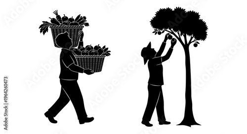 Black silhouette farmer harvesting fruit and vegetables, gardener carrying heavy baskets of produce, person picking apples from tree vector
