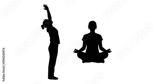 Yoga silhouette vector set, woman practicing meditation and stretching poses, black female figures in lotus and standing positions