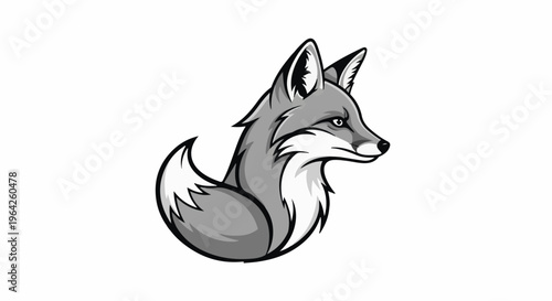 A stylized, grayscale illustration of a fox's head and curled tail