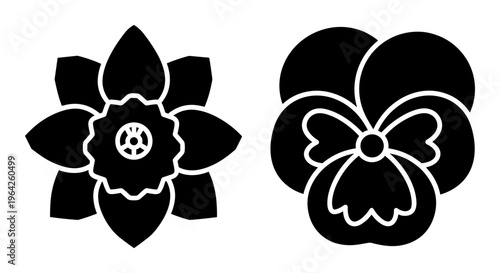 Minimalist floral icons set, black silhouette narcissus and pansy flower vector, botanical garden blossom symbols for logo design