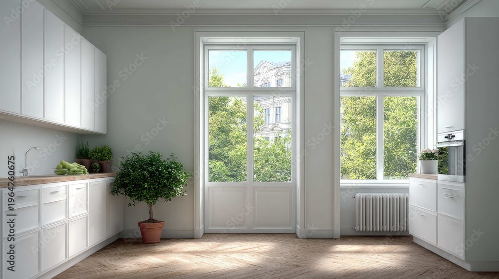 Fototapeta premium Bright and Spacious Modern Kitchen with Large Windows Overlooking Greenery in Sunlit Interior Design