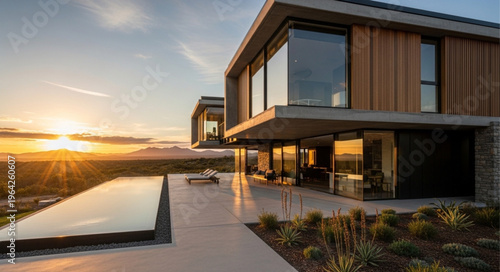 Modern house with pool sunset.