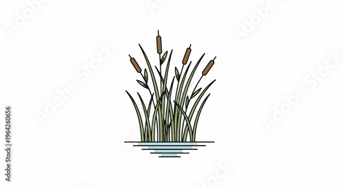 Artistic depiction of cattails growing in shallow blue water
