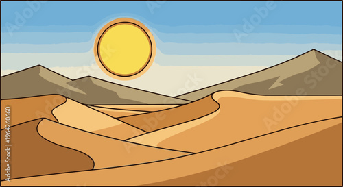 A stylized desert landscape under a bright sun with rolling dunes and distant mountains