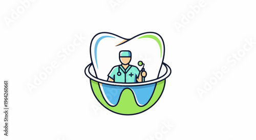 Stylized cartoon dentist inside a large tooth graphic