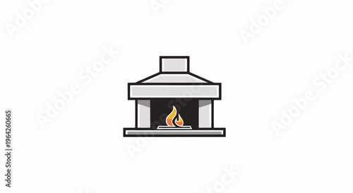 A stylized depiction of a fireplace with a bright, flickering flame