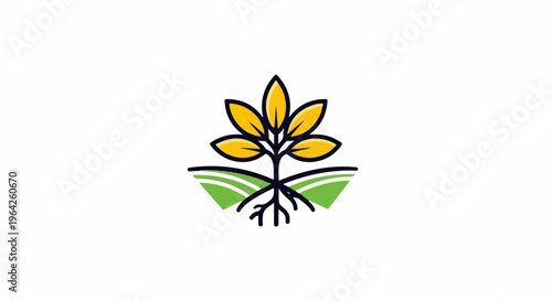Stylized plant with yellow leaves and roots growing from green landscape