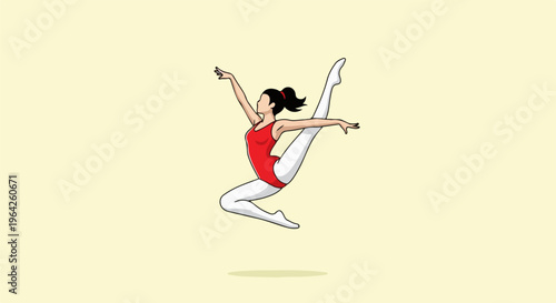 Athletic dancer in mid-air, leaping with legs extended and arms outstretched