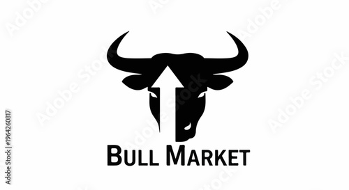 Stylized bull head silhouette with upward arrow and text