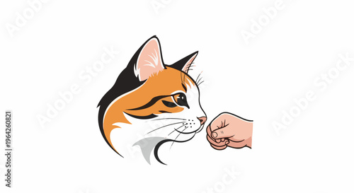A stylized calico cat sniffs a person's closed fist