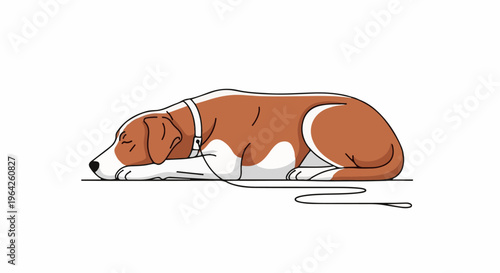 A stylized brown and white dog lies asleep on its side with a leash