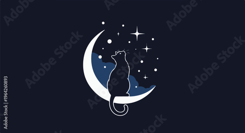 Silhouette cat on crescent moon under starry night sky
