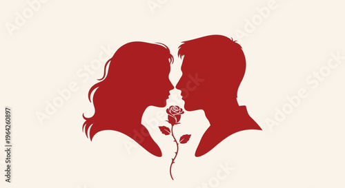 Silhouette of a couple in profile facing each other with a rose between them