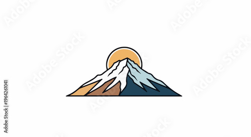 Stylized mountain peaks with sun partially visible behind them