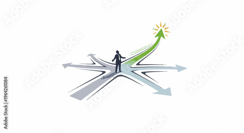 Silhouette of a person at a crossroads with a bright arrow showing success