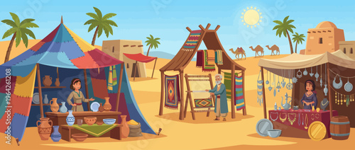 This colorful illustration showcases a lively desert market with vibrant tents, vendors, and pottery, highlighting the charm and bustling life in an arid landscape.