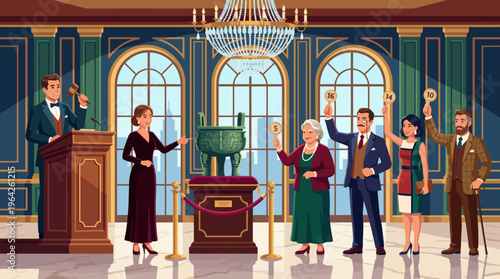 A stylish and sophisticated representation of an auction event, illustrating the competitive spirit and excitement of bidding for valued items in a refined setting.