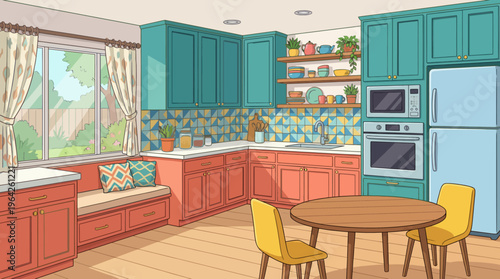 A bright and inviting kitchen design featuring colorful cabinets and open shelves filled with plants and dishware, creating a lively atmosphere and a sense of home.