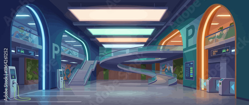 A bright and modern indoor parking garage featuring electric vehicle charging stations, illustrating the shift towards sustainable transport solutions in urban environments.