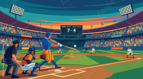 A thrilling baseball game captures the dynamic moment when a player swings the bat in a packed stadium, illuminated by bright lights, radiating excitement and competition.