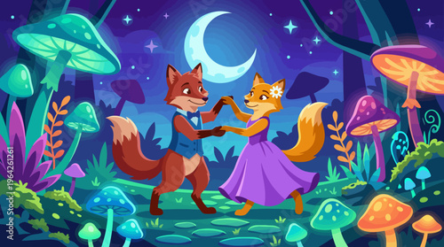 A vibrant illustration featuring two foxes dancing among glowing mushrooms under a mystic night sky, conveying a sense of whimsy and enchantment in nature.