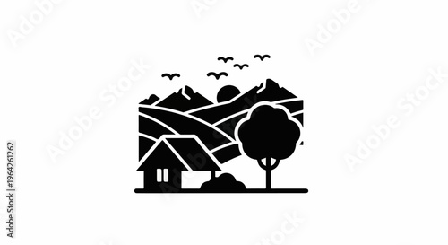 Stylized black and white icon depicting a rural scene with mountains, fields, house, and tree