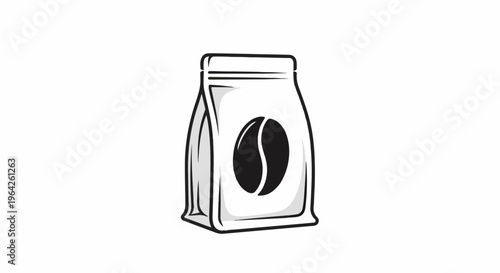 Stylized black and white illustration of a coffee bean bag