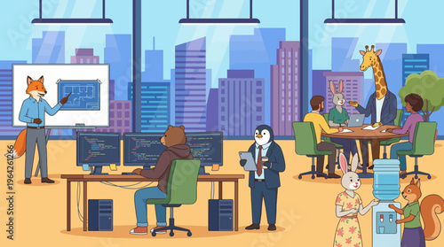 This whimsical illustration depicts a lively office environment with animals working together, symbolizing collaboration, creativity, and a fun approach to teamwork in modern workplaces.