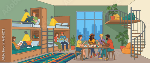 A vibrant illustration of a cozy communal living space where diverse friends gather around a table playing board games, reading, and enjoying quality time together.