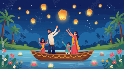 A heartwarming family scene during a festival, where they joyfully release lanterns into the night sky, symbolizing togetherness and celebration of heritage and culture.