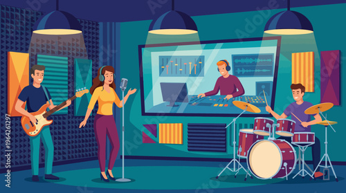 A group of musicians is collaborating in a modern studio, creating a lively atmosphere that emphasizes teamwork and creativity in the music production process.