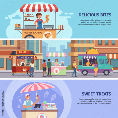 A bustling street scene with diverse food trucks offering delicious treats, highlighting the joy of community dining and culinary exploration in a vibrant atmosphere.