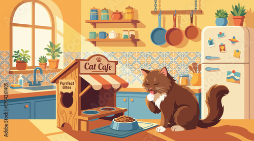 This whimsical illustration features a charming cat cafe with a cute feline enjoying snacks in a vibrant kitchen filled with colorful decor and plants, evoking warmth and joy.