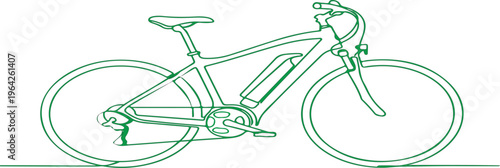 Continuous line drawing of a modern electric bicycle with a battery pack and motor