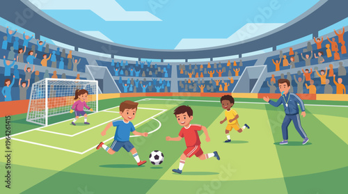 A lively youth soccer game in a vibrant stadium, showcasing young athletes competing with enthusiasm, highlighting teamwork and the joy of sports in a community setting.