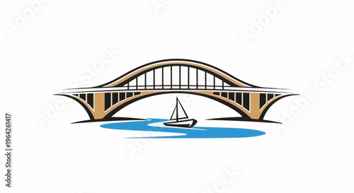 Stylized arched bridge spanning a blue river with a sailboat