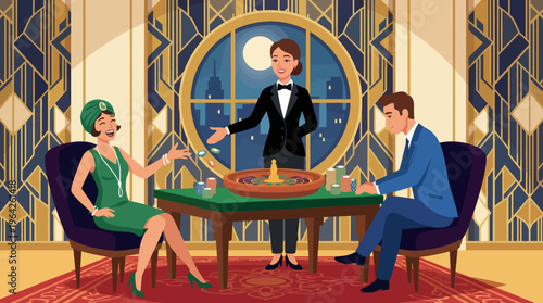 An elegant illustration of a casino scene featuring a dealer and two players at a roulette table, capturing the glamour and excitement of a luxurious nightlife experience.