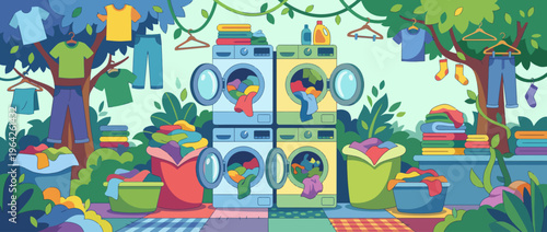 This cheerful illustration captures a vibrant laundry scene surrounded by lush foliage, showcasing clotheslines and washers in a playful, whimsical atmosphere.