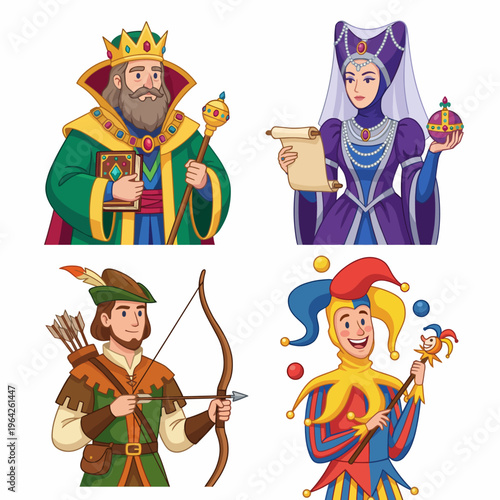This illustration showcases vibrant medieval characters including a king, queen, archer, and jester, reflecting the rich tapestry of fantasy themes and timeless storytelling.