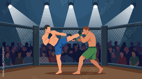 This dynamic illustration showcases a thrilling mixed martial arts match featuring two fighters in an action-packed environment, highlighting determination, competition, and athleticism.