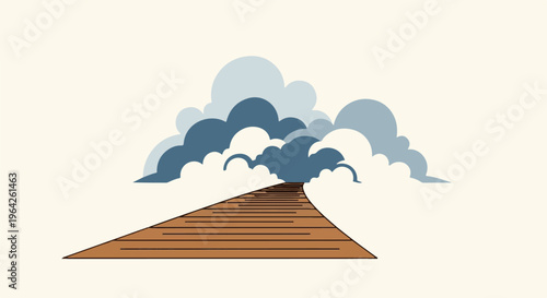 Wooden walkway leading into a sky filled with white and blue clouds