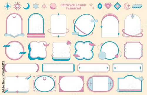 Y2K風パステルカラーの装飾フレームと宇宙・幾何学アイコンのセット