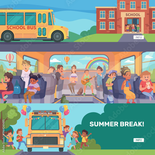 This vibrant image captures the excitement and joy of children riding a school bus during summer break, highlighting the carefree spirit and happiness of childhood adventures.
