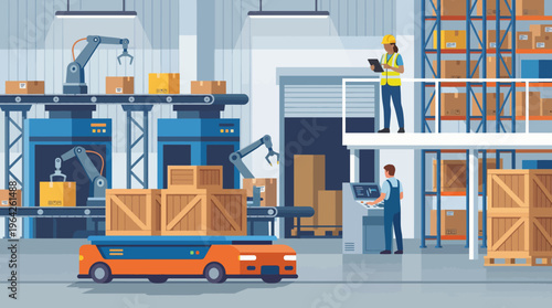 This vibrant illustration showcases a modern warehouse with automated machinery, highlighting efficiency in logistics and the integration of technology in storage and transport.