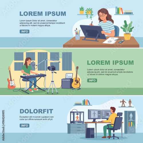 This engaging image features a creative workspace where individuals participate in various artistic activities like drawing, music, and digital art, expressing their ideas and talents.