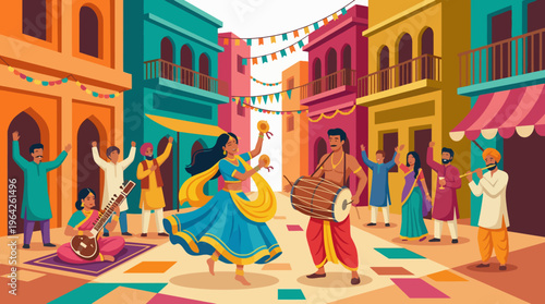 A lively illustration capturing a cultural festival with traditional music and dance, reflecting joy, community, and the vibrant expressions of heritage within a colorful setting.