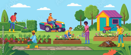 This vibrant garden scene illustrates individuals cherishing nature as they tend to flowers and vegetables, embodying sustainability and community spirit.